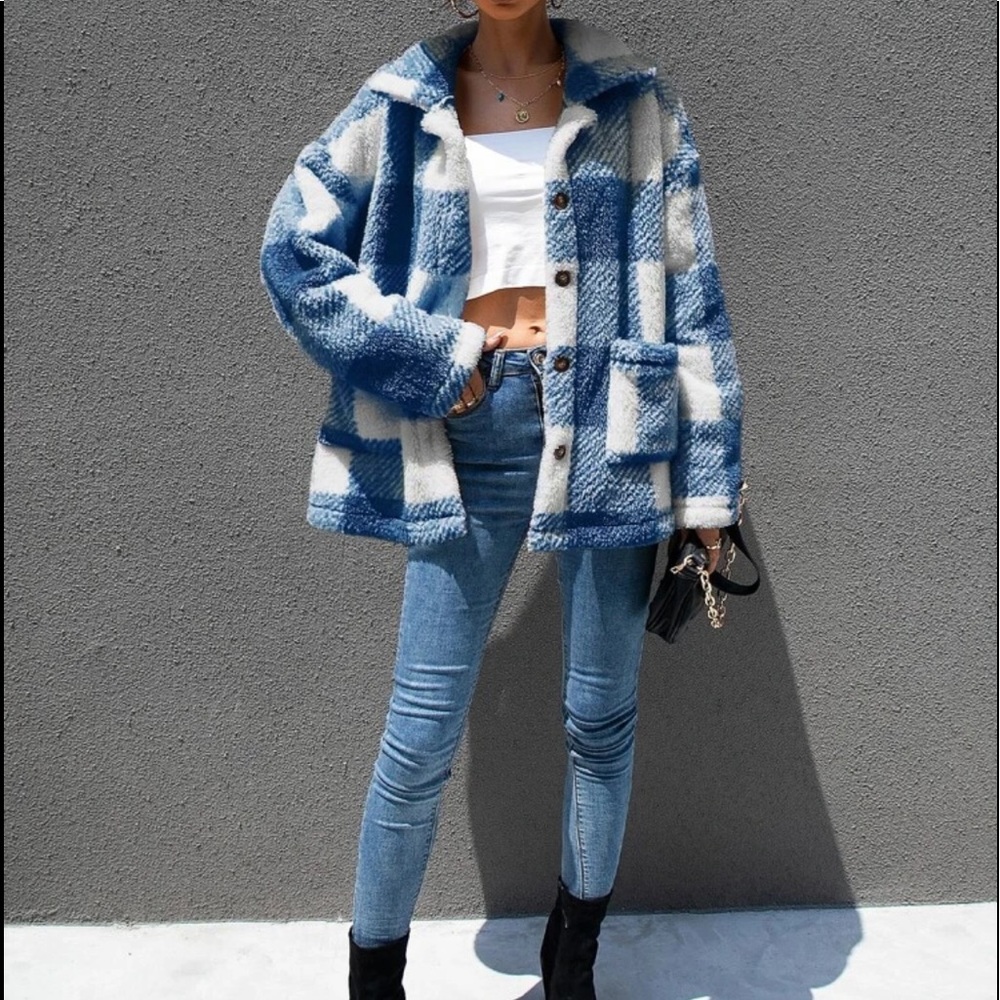 Gingham plaid button down teddy coat - Picture 4 of 7